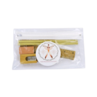 Customised Stationery Set with a clear pencil case includes essential items: a ruler, sharpener, eraser, rolled papers, and a round container featuring a butterfly design.
