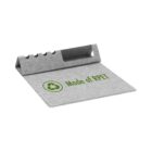 A grey cable organizer with a foldable design, featuring four slots for cable management. It is made of RPET material and has a green recycling symbol and the text Made of RPET printed on its surface.