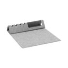 A gray fabric desk organizer with a slanted design. It features a compartment for holding items and multiple slots for organizing cables or pens. The texture gives a modern and minimalist look.