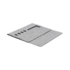 A gray, open felt tablet sleeve with a minimalist design. The sleeve features a flap with multiple circular cutouts and a rectangular handle cutout.