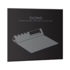 Packaging of an Evopad featuring an illustration of the product, which functions as a foldable mousepad, penholder, and phone stand. The design is minimalist with a sleek presentation.
