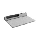 A gray felt desk organizer with a triangular pencil holder and a built-in wireless charging pad on the left side. The organizer has a sleek and minimalist design, suitable for organizing small office supplies.