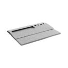 Gray felt laptop sleeve with a flap cover. The sleeve has small circular cutouts along the top edge and a round stitching pattern on the bottom section. Designed to protect and carry a laptop.