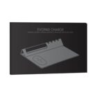 Packaging for the Evopad Charge shows a diagram of a wireless charger that functions as a foldable mouse pad, pen holder, and phone stand. The design is sleek and modern against a black background.
