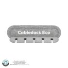 A gray cable organizing dock with the label Cabledock Eco. It features five slots for cable management. The bottom left shows a certification seal for recycled content and text about 50% recycled polyester certification.