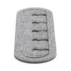 A gray, fabric-covered bra extender with four rows of hooks and eyes, designed to increase the band length of a bra. It has a rounded top and bottom edge.