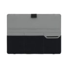 A tablet or laptop cover with a gray top section and a black bottom section. The top has a latch for securing, and the bottom features three storage pockets, including a card slot on the right.
