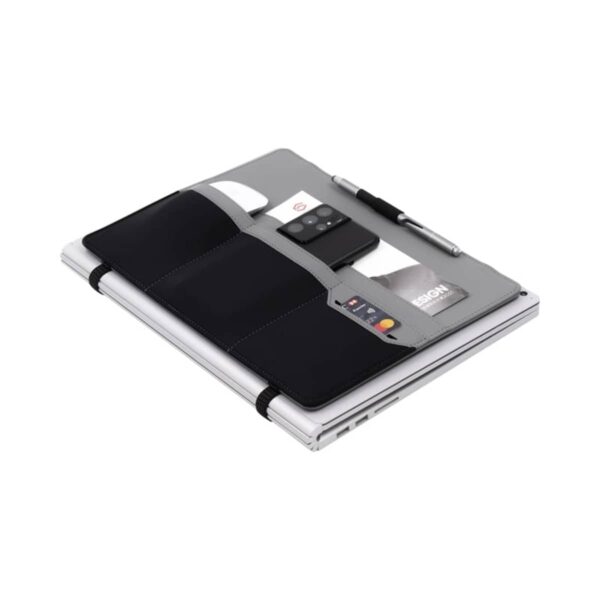 A laptop sleeve with pockets displaying a smartphone, pen, business cards, and a credit card on top of a closed laptop. The sleeve is predominantly black and gray and features cable organizers on the sides.