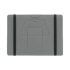 A gray tablet case designed for a Surface Pro with two black elastic straps. The back features a foldable section for stand functionality and a small cutout at the top for a camera.