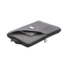 A gray laptop sleeve with a zipper partially open, revealing a laptop inside. The sleeve has a handle on one edge and a small rectangular label on the front. The material appears to be fabric.