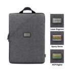 A gray laptop bag with a handle is displayed. Insets on the right show logo customization options: Laser Engrave, Epoxy Dome, and 4CP Digital. Each inset highlights a different style of the Specter Hybrid logo.