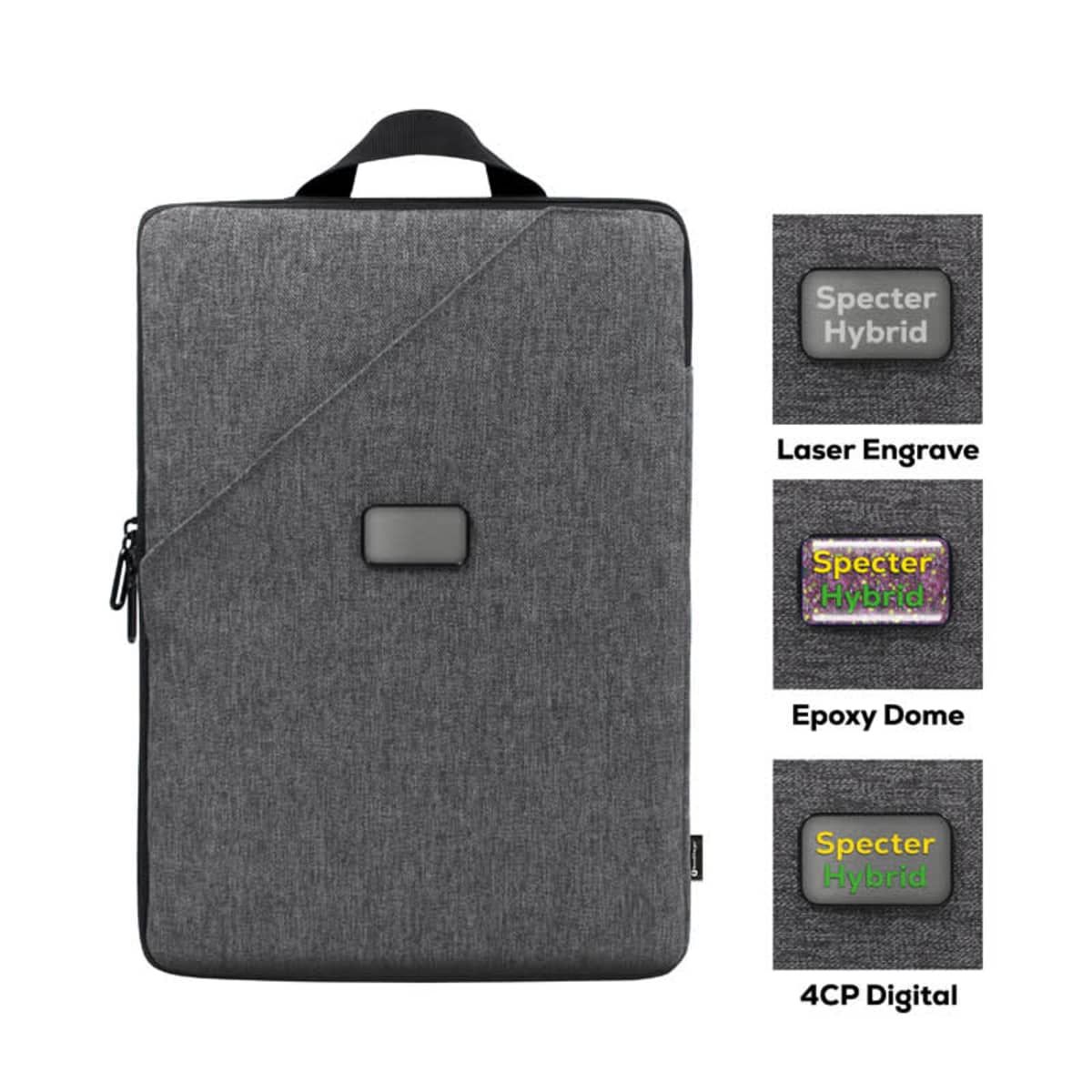 A gray laptop bag with a handle is displayed. Insets on the right show logo customization options: Laser Engrave, Epoxy Dome, and 4CP Digital. Each inset highlights a different style of the Specter Hybrid logo.
