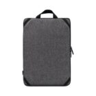 A gray fabric laptop sleeve with a zipper and a small handle at the top. The sleeve has black corner accents and a sleek, rectangular design.