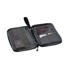 Open travel wallet displaying a passport, boarding passes, and various cards in designated slots. It has a black exterior, gray interior, and a mesh pocket for additional storage. A wrist strap is attached for easy carrying.