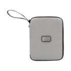 A gray, rectangular, zippered pouch with a black border and a small handle. It features a square patch on the front. The pouch is likely for storing devices or accessories.
