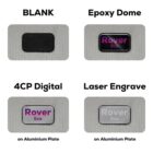 Comparison of different name badge styles: Blank, Epoxy Dome with Rover text, 4CP Digital on an aluminum plate with Rover Eco text, and Laser Engrave on an aluminum plate with Rover Eco text. All badges have a gray hexagonal background.