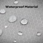 Close-up of a gray hexagonal-patterned surface with water droplets beading on it, demonstrating its waterproof quality. The text Waterproof Material is displayed at the top.