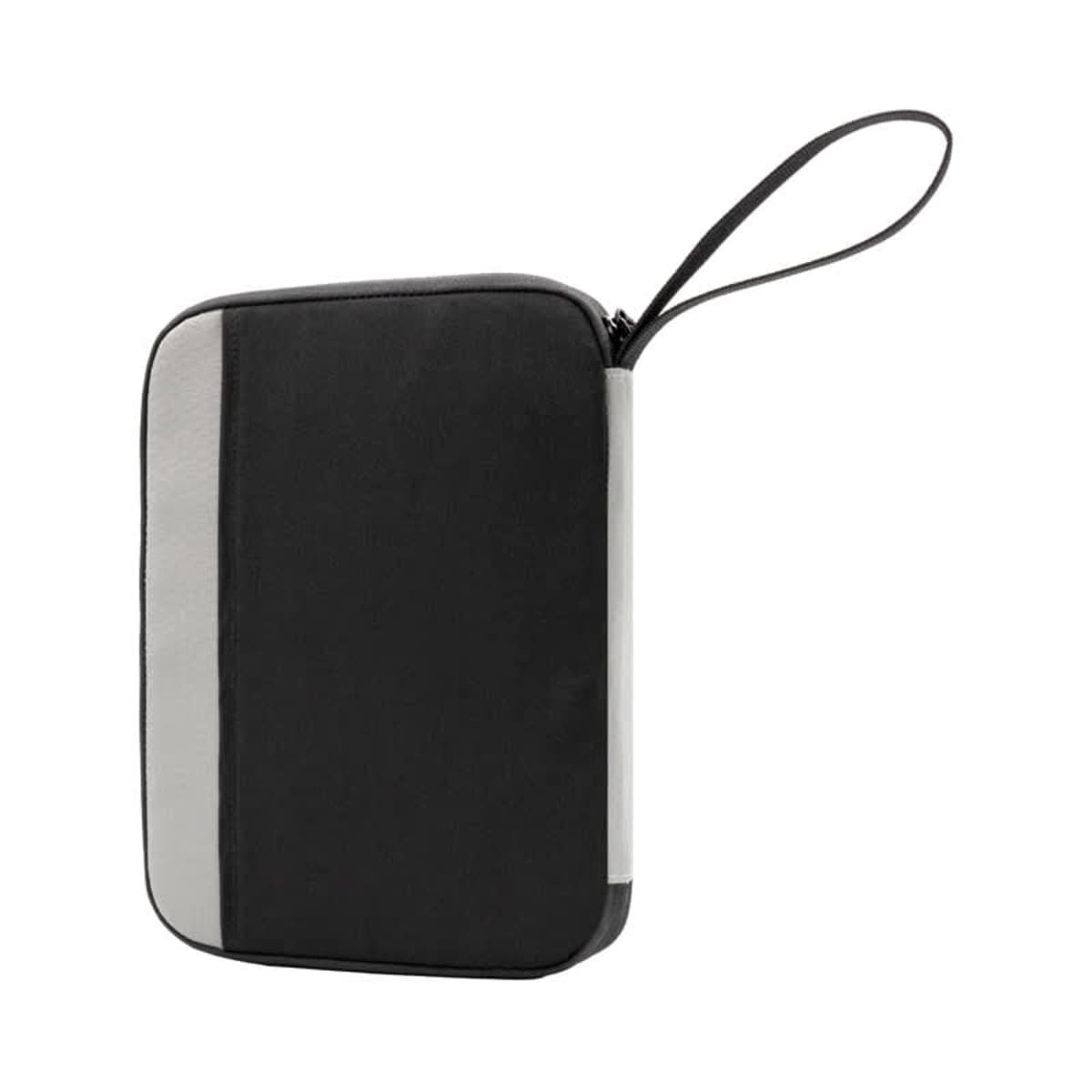 A zippered black and gray sleeve with a handle, suitable for carrying a laptop or tablet. The design features a large black section alongside a gray stripe running vertically. The handle is attached to the zipper for easy carrying.