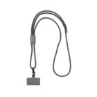 A black and white lanyard with a rectangular gray badge holder attached. The lanyard features a braided design and a sliding clasp for adjustment.