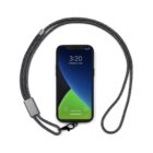 A smartphone with a gradient blue and green wallpaper displays the time as 3:20 on Monday, 27 June. It is connected to a black and white polka-dotted lanyard with a metal clasp.