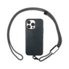 A dark-colored smartphone case with three camera cutouts is attached to a black and white patterned lanyard. The lanyard is looped around the case, designed for carrying around the neck.