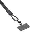 A black and white braided lanyard with a grey rectangular fabric card holder attached by a black metal clip.