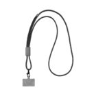 A gray rectangular badge holder attached to a black and white braided lanyard with a metal clasp. The lanyard is long and looped, designed for wearing around the neck.
