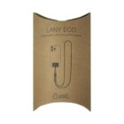 Packaging for a Lany Eco luxury phone strap adapter, made from recycled PET bottles. The front features a simple illustration of the adapter connected to a phone, emphasizing its sustainable design.