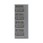 A vertical gray case open to show multiple screwdriver bits arranged in four rows. Each row contains various precision tips for detailed and accurate work, commonly used for electronics or small repairs.