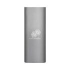 Silver rectangular power bank with the nexomedia logo in white on the front.