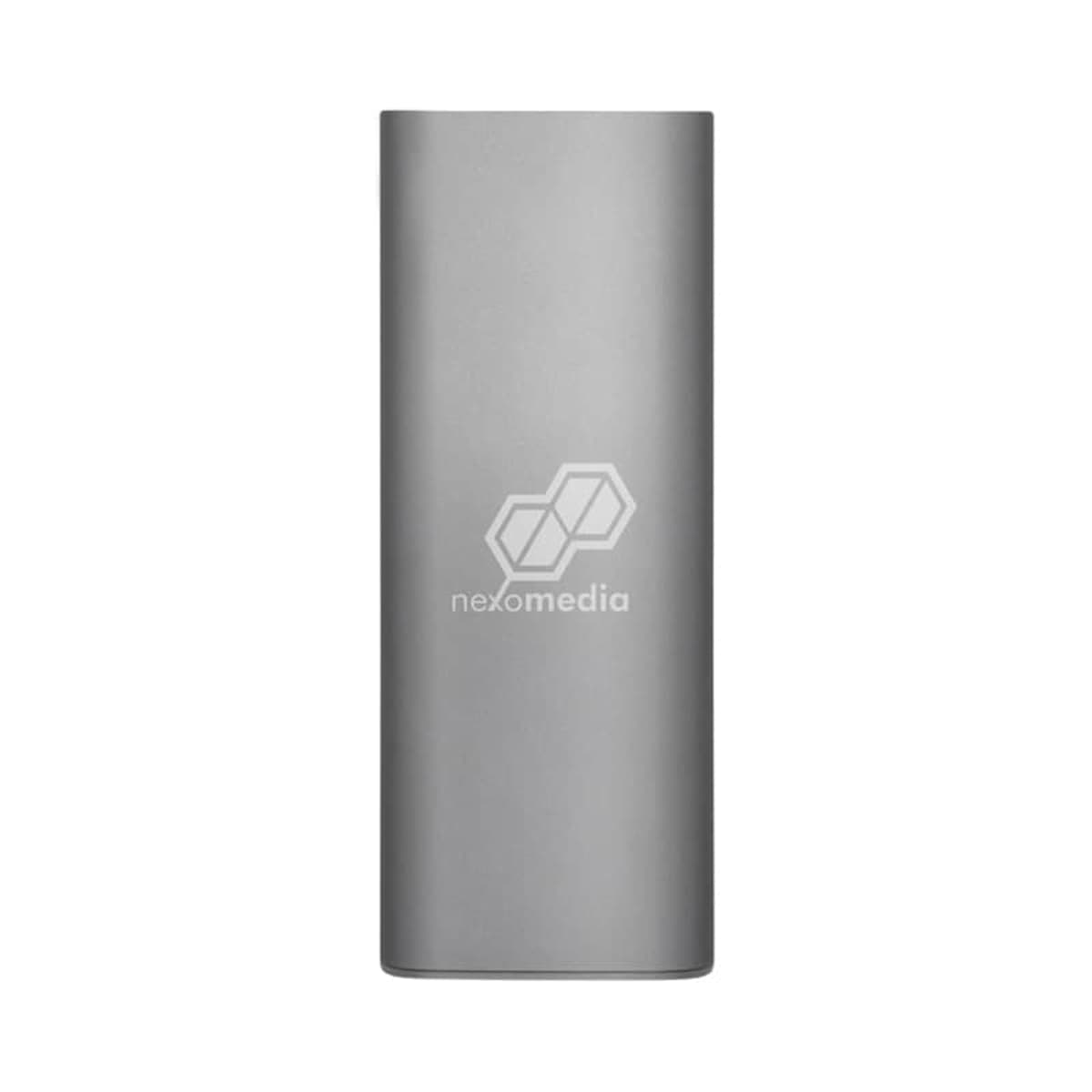 Silver rectangular power bank with the nexomedia logo in white on the front.