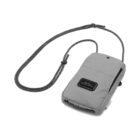 A gray, rectangular pouch with a black label and a zippered pocket on the front. It has a black and white woven adjustable strap attached.