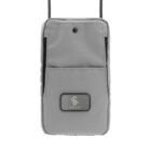 A gray fabric phone pouch with a front pocket and a small button near the top. It has a loop for a lanyard or strap and is marked with a Swan logo.