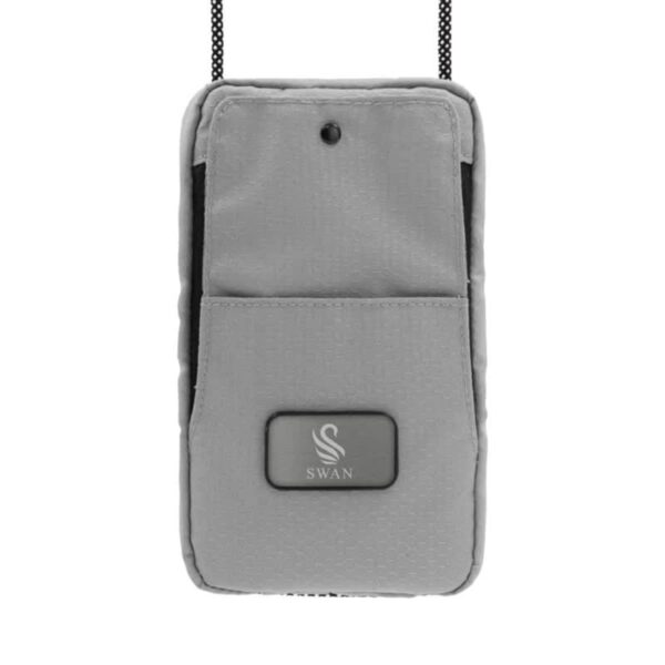 A gray fabric phone pouch with a front pocket and a small button near the top. It has a loop for a lanyard or strap and is marked with a Swan logo.
