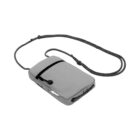 A small, rectangular gray pouch with a black zipper and a button closure is attached to a black-and-white rope strap, designed for carrying around the neck or shoulder.