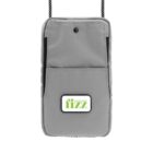 A gray, rectangular crossbody bag with a front pocket, featuring a logo that reads Collections FIZZ in green and white. The bag hangs from a black strap and has a minimalist design.