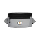 A gray fanny pack with black zippers and an embroidered patch featuring an orange sun and the word SUN on the front pocket. The fanny pack has an adjustable strap and a minimalist design.