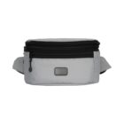 A gray waist bag with a black zipper and a rectangular patch on the front. The bag has a simple, minimalist design with adjustable straps on both sides.
