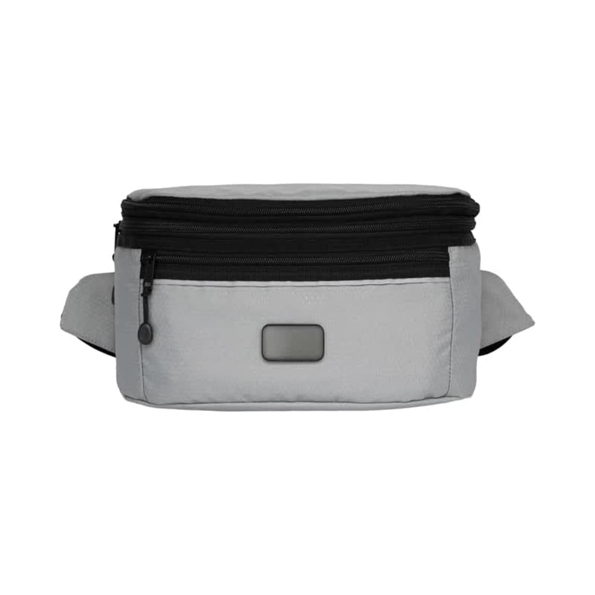 A gray waist bag with a black zipper and a rectangular patch on the front. The bag has a simple, minimalist design with adjustable straps on both sides.