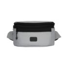 A gray waist bag with black zippers and a small black patch on the front. It has an adjustable strap. The bag is photographed against a plain white background.