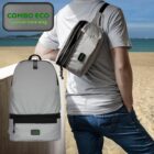 A person wearing a light gray convertible bag across their shoulder, standing on a sandy beach with the sea in the background. Another view of the same bag in backpack form is displayed in the corner. Text reads COMBO ECO Convertible Bag.