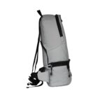 Side view of a gray backpack with black zippers and adjustable straps. The backpack has a minimalist design with a large main compartment and a smaller zippered pocket on the front.