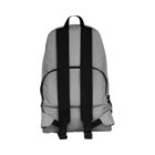 A gray backpack with black straps and a front zipper pocket is shown against a white background.