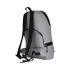 A gray backpack with black straps and zippers, featuring a large main compartment and a smaller front pocket, resting upright on a white background.