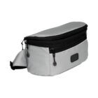 A gray waist bag with a black zipper and adjustable strap. The bag features a small rectangular patch on the front, possibly for branding. The overall design is sleek and minimalist.