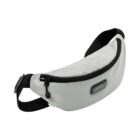 A light gray fanny pack with a black adjustable strap and a zippered main compartment. The bag features a small rectangular logo patch on the front.