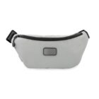 A light gray waist pouch with a black zipper and a rectangular black buckle at the front. It has an adjustable strap on each side for wearing around the waist.