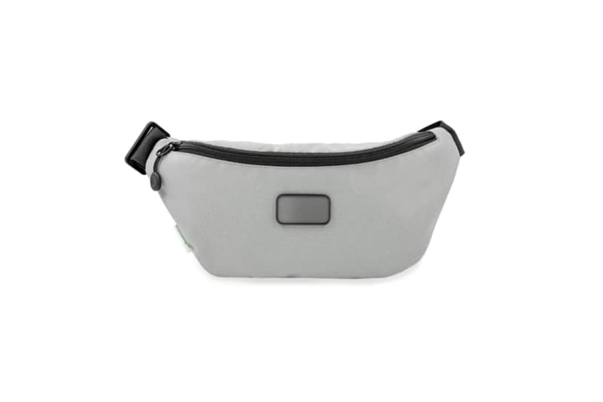 A light gray waist pouch with a black zipper and a rectangular black buckle at the front. It has an adjustable strap on each side for wearing around the waist.