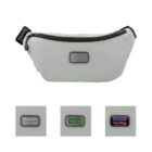 A light gray bumbag with a front zipper and a black buckle. Below it are three square close-ups of the label, featuring the text Bumble Eco Bag in gray, green, and pink outlines.