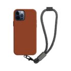 A brown smartphone case with three camera cutouts is attached to a black and white braided lanyard. The lanyard has a metal clip connecting it to the case.